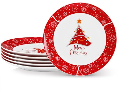 VEWEET CHRISTMASTREE Porzellan-Speiseteller 6er-Set Weihnachten, Ø 26,7 cm Weihnachtsteller, Kuchenteller, Frühstücksteller, Essteller, Weihnachtsgeschirr, Spülmaschinen- und Mikrowellengeeignet