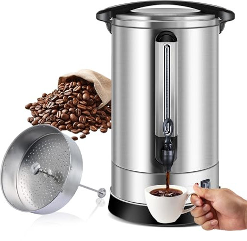 PetierWeit Gastro Kaffeemaschine mit Rundfilter 95 Tassen/14.2L, Doppelwandig Groß Edelstahl Industrie Kaffeemaschine mit Zapfhahn für Party, Heißwasserspender für Kaffee, Tee, 1500 W (Silber)
