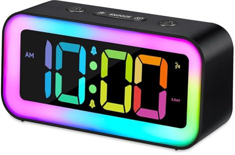 Euakee Reloj Despertador Fuerte Para Dormitorios con Luz Nocturna RGB, Adultos Durmientes Pesados, Alarma Dual, Atenuador, Cargador USB, Reloj Digital Pequeño Junto a la Cama con Pantalla LED (Negro)