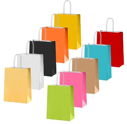 Party Gift Bags With Handles - 10 Colourful Carrier Paper Goody Bags for Adults and Kids Parties, Weddings, Birthdays, Baby Showers, Xmas and Sweets - Craft Set 18x22x8cm