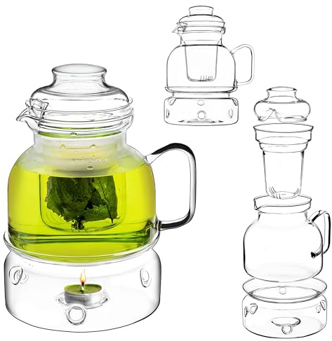 KADAX Tekanna 1,5 l med värmare-set, glastekanna med tevärmare, glaskanna med sil och lock för löst te, kanna av glas, teservis (med sikt)