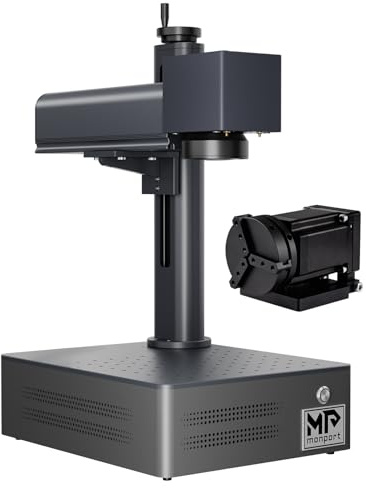 Monport Grabador Láser de Fibra 30W MOPA con Rotativo, Cortadora Láser con Puntero de Punto Rojo, Precisión 0,01mm 10000mm/s de Alta Velocidad, BSLcad Incluido, Laser Cutter para Vidrio Metal Tazas