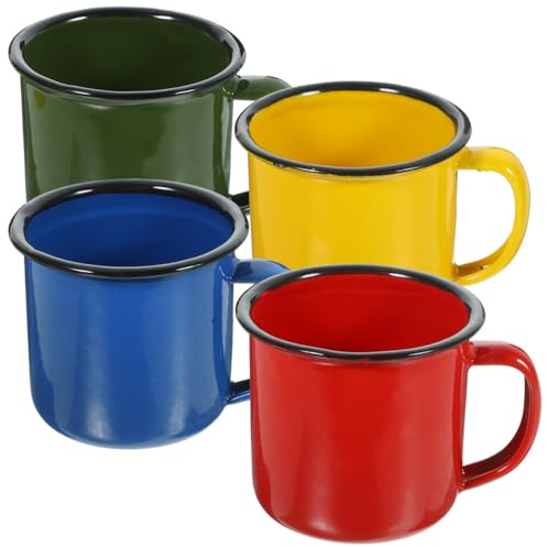Homoyoyo Enamel Cups Set of 4 Retro Household Water Cups for Juice Milk and Coffee 2.56 X 2.56 X 2.36 in Convenient Mugs with Anti-Slip Handle for Home Camping and Daily Use
