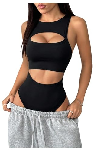 Milumia Women Sexy Cut Out Tank Top Bodysuit Round Neck Sleeveless Party Club Leotards Black Medium