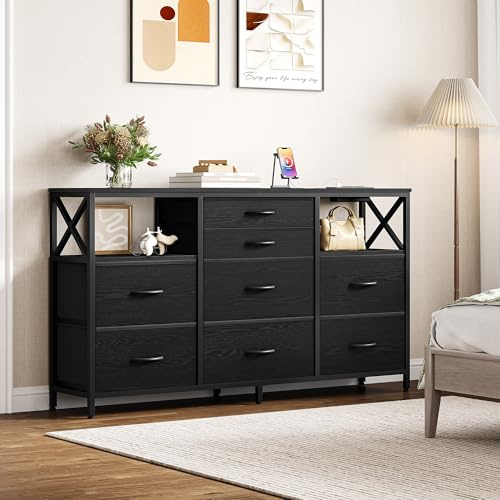 Hzuaneri Commode 140 cm, 2 Ports USB et 2 Ports AC, Meuble de Rangement en Tissu 8 Tiroirs, Armoire à Tiroirs Multifonctionnelle pour Chambre et Salon, 30 x 140 x 86 cm, Noir DU03804BEU