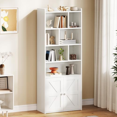 YITAHOME 4-Tier Bookcase with Doors and Cabinet, Bookshelf Floor Standing Display Storage Shelf, Top Open Compartment Book Cases for Home, Office, Living Room, Bedroom, White, 60 x 30 x 159
