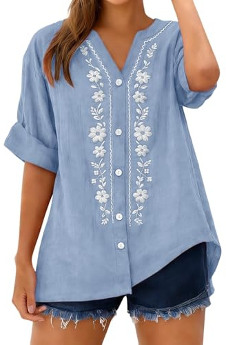 riou Camisas Mujer Verano Manga Corta Algodón y Lino Talla Grande Mode Cuello V Vintage Bordado Camiseta Basica Ligera Primavera Blusas y Camisas Original Fiesta Tops T-Shirt tee