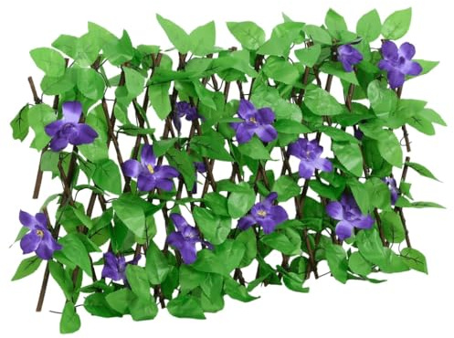 Kaloriko Enrejado con hiedra artificial verde ampliable, 180 x 20 cm, madera de PVC, valla de jardín, protección visual para terraza, balcón, jardín delantero, elemento decorativo con hojas y flores