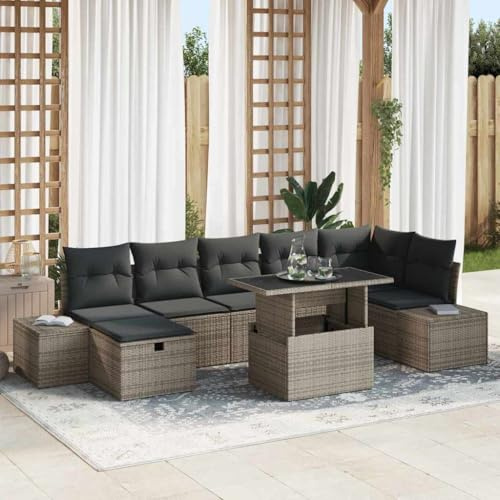 Ziaphsol Ensemble de canapé de jardin 8 pièces en rotin synthétique gris avec table, banc d'angle, groupe de salon, terrasse, balcon, meubles d'extérieur, durable, résistant aux intempéries