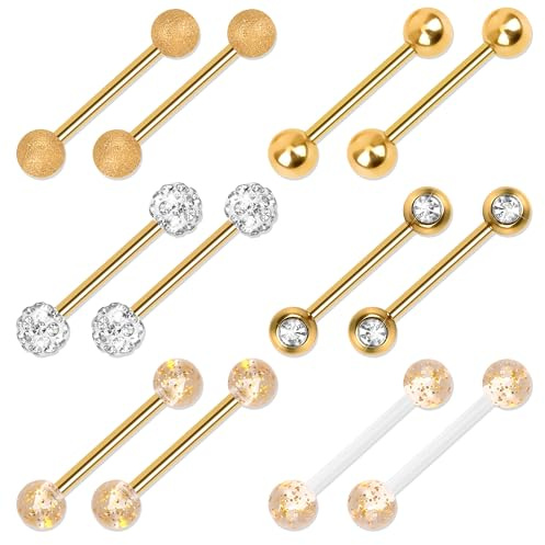 CrazyPiercing 12Pcs Stainless Steel Tongue Ring Barbell Retainer Body Piercing Jewelry 14G (Gold Pack)