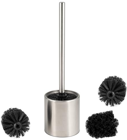 bremermann WC-Garnitur TIRANO, freistehende WC-Bürste mit bruchsicherem Glaseinsatz, inkl. 3X Schwarze Ersatzbürstenköpfe, Toilettenbürste für Badezimmer und Gäste-WC aus rostfreiem Edelstahl