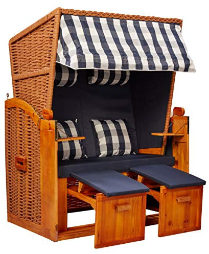 intergrill Strandschönheiten Brigitte Ostsee Strandkorb | 2-Sitzer Vollholzfront inkl. Schutzhülle | Blau Weiß kariert | Balkon Terrasse Garten