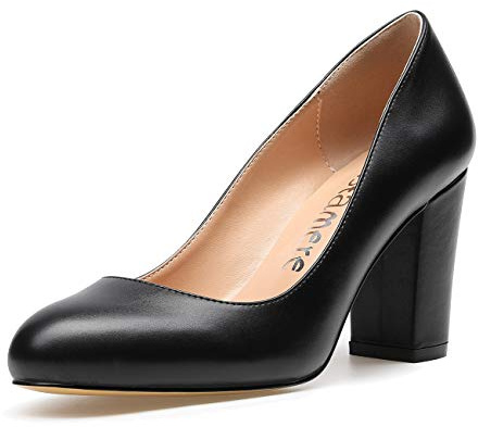 Castamere High Heels Women's Block Heels Round Toe Slip-On Court Shoes 3.2 in Heeled PU Black Pumps EU 43.5