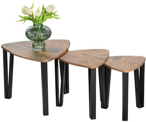 HOMCOM 3 PCs MDF Steel Nesting Table Coffee Table Set Multifunctional End Side Table Living Room Furniture Walnut Wood Grain