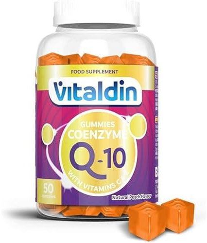 VITALDIN Coenzima Q10 Gummies – Integratore di Bellezza – 200 mg di CoQ10 per dose + Vitamina C & E – 50 Caramelle Gommose (fornitura per 1 mese), Gusto Pesca – Antiossidante – Senza Glutine