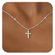 Tewiky Dainty Cross Necklace for Women, Sterling Silver Plated Simple Cute Tiny Cross Pendant Choker Necklaces Jewelry Confirmation Gifts