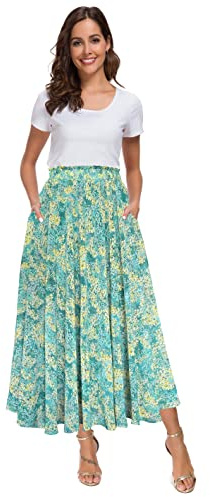 Afibi Women High Waist Floral Print Swing Chiffon Beach Midi Long Skirt with Pockets (XX-Large, Green Yellow)
