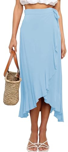 FEOYA Women's High Waisted Tie Wrap Midi Skirts Plain Ruffle Hem Split Maxi Wrap Skirts Casual Summer Beach Long Skirts