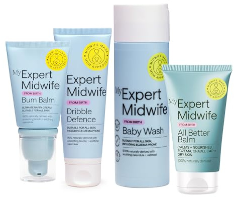 My Expert Midwife Newborn Baby Mega Mild Skincare Starter Kit, Clean Ingredients, Sensitive Skin + Fragrance Free, Set of 4-Cleansing Wash, Nappy Cream, All Better Balm, Dribble Defence
