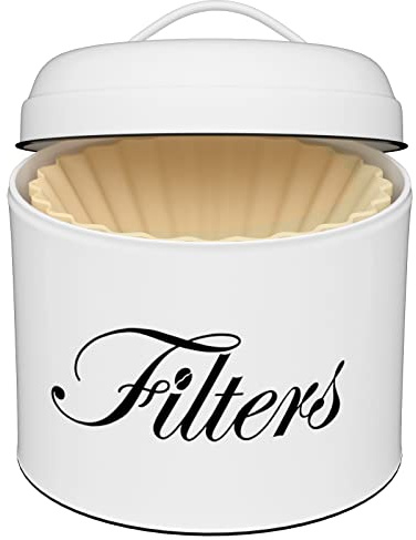 Coffee Filter Holder, White Basket Coffee Filter Storage with Lid, Round CoffeeFilter Container for Counter, Rustic Farmhouse Coffee Bar Accessories Decor (White)