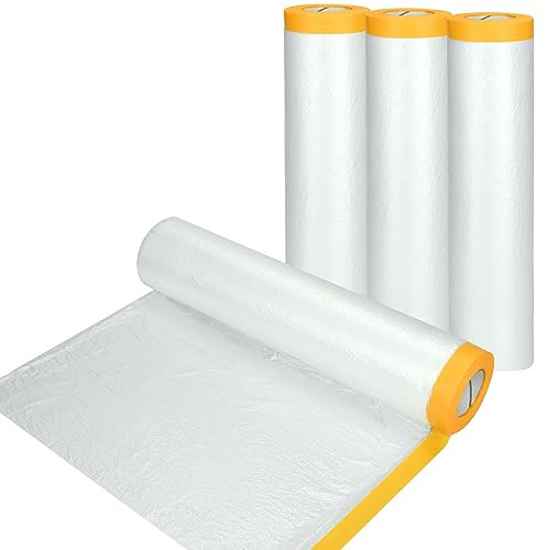 4 Rolls 2.4M x 20M Plastic Dust Sheet for Decorating, Self-Adhesive Painting Drop Film, Waterproof & Tear Resistant Polythene Sheeting, Transparent Masking Film for Painting Furniture Floor Covering