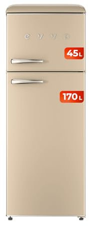 EVVO Frigorífico 2 Puertas, Estilo Retro, Refrigerador 170 Litros, Congelador 45 Litros, Diseño Vintage, Cajón Crisper Zone, Libre de Gas CFC, Silencioso. F45 Beige