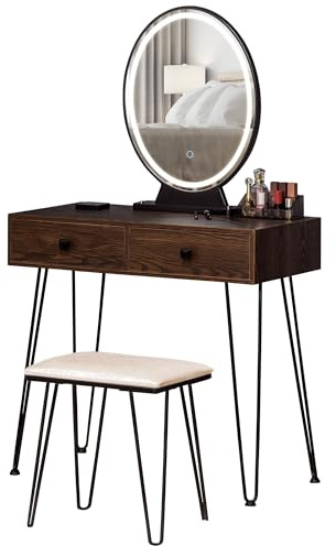 HOMCOM Modernt sminkbord - integrerad och justerbar LED-spegel - pall ingår - svarta metallben - 2 lådor + 1 förvaringsfack med mörk valnötseffekt