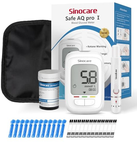 sinocare Safe AQ Pro I Blood Sugar Monitor, Blood Sugar Testing Kit, with Blood Ketone Warning, with Strips x 25 & Lancing Devices x 25 & Carrying Bag, 500 Memory, Results in mmol/L