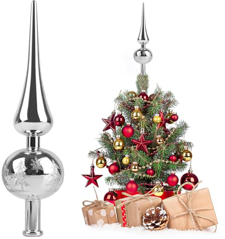 Punta per albero di Natale, argento, punta per albero di Natale, champagne, in pizzo argento, punta per albero di Natale, 24 cm di altezza, diametro 6 cm