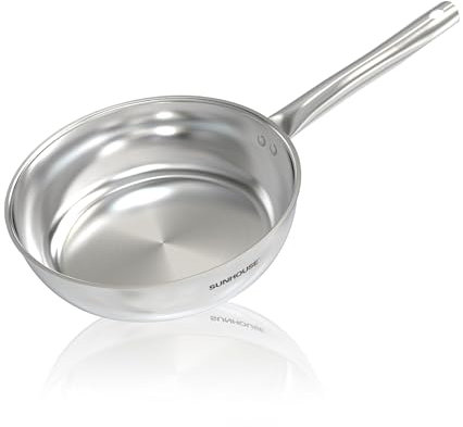 Sunhouse 18/10 Stainless Steel Pan 8 Inch, 3-Ply Clad No Coatings Frying Pan, Skillet with Stay Cool Handle, Oven and Dishwasher Safe, Induction Compatible
