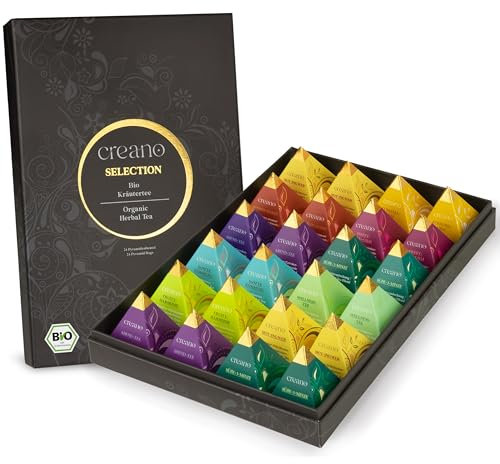Creano Tisane bio Coffret cadeau « Thé biologique » - 24 sachets de thé pyramide en 9 variétés différentes - 60 g - Nouveauté 2024*