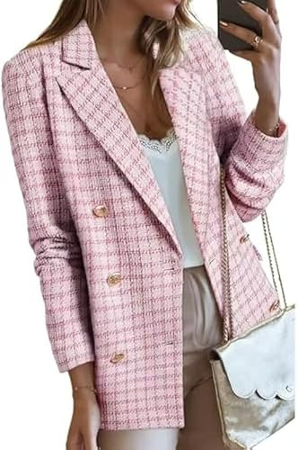 FM2018XSL Giacche Tweed da Donna, Open Front Plaid Tweed Suit Jacket, Giacca da Ufficio a Maniche Lunghe Casual Blazer con Tasche Elegante Cappotto