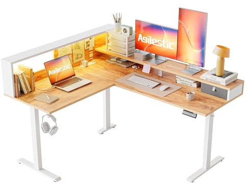 Agilestic L-förmiger Stehschreibtisch, 160 x 140 cm, Ergonomischer Höhenverstellbarer Schreibtisch mit Regalen, Eck-Stehschreibtisch, Sitz-Steh-Computertisch mit LED-Licht, Hellbraun