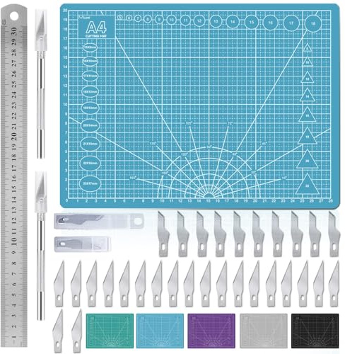 Miuzei Ensemble de tapis de découpe A4 avec règle en acier et 30 couteaux à papier pour sculpture, loisirs créatifs, tapis de dessin (Bleu)