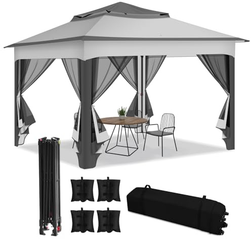 Jaxguom paviljong 3 x 3 m vattentät stabil, dubbeltak trädgårdspaviljong, med myggnät metallram, presenning festtält gazebo för 2–4 personer (grå)