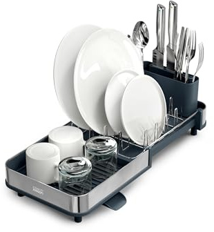 Joseph Joseph Extend Slim Steel Expandable Compact Dish Drainer Rack With Removable Cutlery Holder, Swivel Draining Spout, Grey