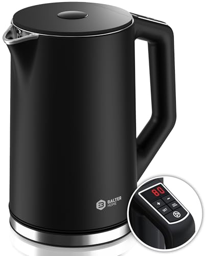 BALTER Edelstahl Wasserkocher mit Temperatureinstellung, 40°C-100°C, Doppelwand, BPA frei, leise & kabellos, Kettle, Teekocher mit Temperaturwahl, 1.5L, 2200W, Schwarz