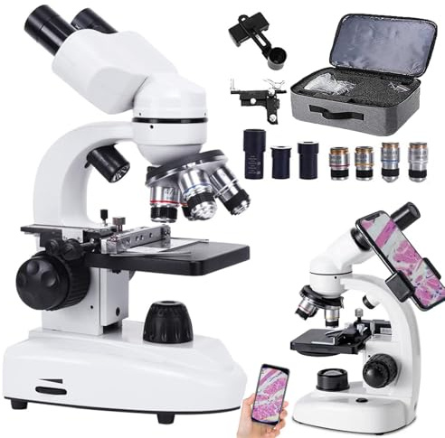 WhFKLca Microscopio óptico Binocular 10000x, Iluminación De Doble LED + Soporte para Teléfono, Lentes Objetivos (4X, 6X, 10x, 60x) + Oculares (3.5X, 10x, 50x), para La Escuela De Laboratorio