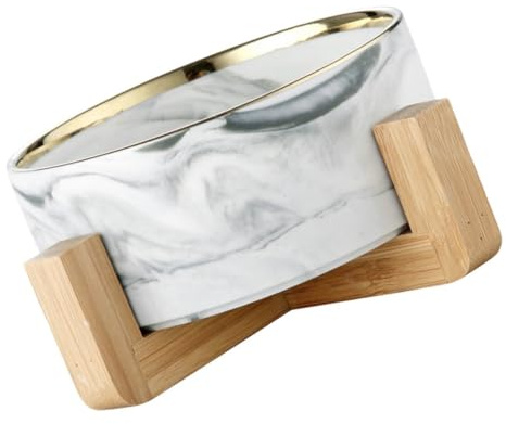 GALPADA Gamelle Marbrée pour Chats, Bol Alimentaire Style Nordique, Bol à Eau Et Nourriture, Support en Bois, Ensemble pour Chat