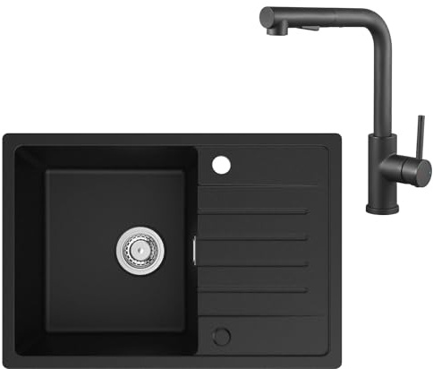 CECIPA 65 x 45 cm Lavello Nero con L Rubinetto Estraibile, Lavello Cucina con Gocciolatoio in Granito, Lavandino Cucina Nero per Mobile di lunghezza 45cm con Troppopieno e Sifone