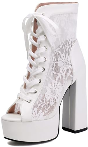 Botines Plataforma De Encaje Punta Abierta con Cordones Tacón Grueso Estilo Novia Boda Zapatos para Fiesta Noche Baile,Blanca,38 EU
