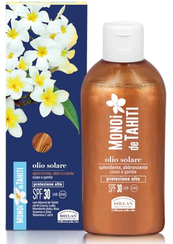 Helan Monoi de Tahiti SPF 30 glänsande sololja för kropp och ben med kokosoljor, söt mandel och seam, vitamin C och E - Solskydd 30, 150 ml, tillverkad i Italien