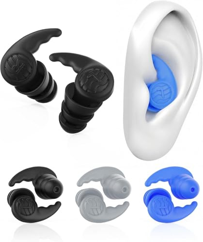 3 Pairs Swimming Earplugs Waterproof Silicone Ear Plugs for Swimming Surfing Shower Kayaking, Water Out Sound In Comfortable Reusable Ear Protection for Adults Teens with Storage Case, Black Gray Blue