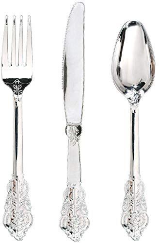 WDF 360 Pieces Silver Plastic Silverware- Disposable Flatware - Heavyweight Plastic Cutlery- Includes 120 Forks, 120 Spoons, 120 Knives for Christmas