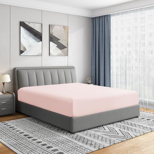 Cathay Home Luxury Wrinkle and Fade Resistant Double Brushed Ultra Soft Microfiber 14-Inch Standard Pocket Single Fitted Sheet, Blush, Full