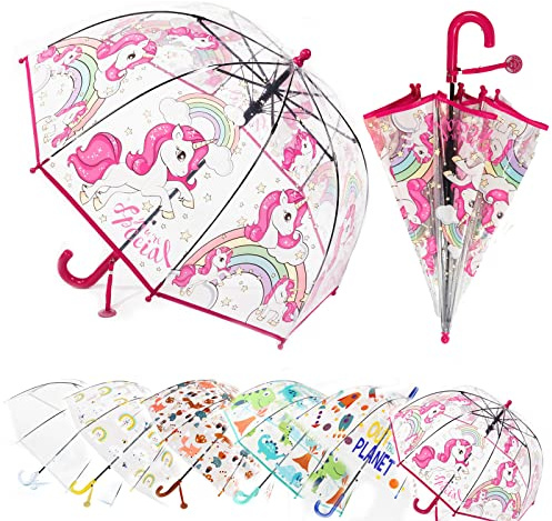 MRTLLOA Kids Red Unicorn Clear Bubble Umbrella, Toddler Grip Curved Handle Stick Rain Umbrella(Red Unicorn)