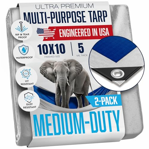 (2 Pack) 10x10 Tarps, Waterproof Plastic Poly 5.5 Mil Thick Tarpaulin with Metal Grommets Every 18 inches - Emergency Rain Shelter, Outdoor Cover and Camping Use - (Reversible, Blue and Silver)