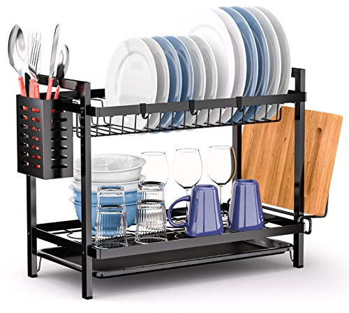 Dreamhigh® Egoutoire Vaisselle Cuisine 2 Niveaux, Egouttoir Vaisselle INOX avec Porte-ustensiles et Bac D'égouttement, Grand Egouttoir Evier Convient pour Une Famille de 4-5 Personnes