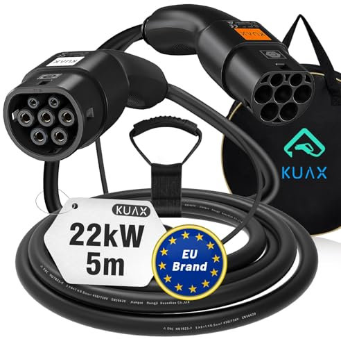 KUAX Typ 2 Ladekabel 22KW 3 Phasen Ladekabel mit 32A, 5M, 22KW, IP54, IEC-62196-2 geeignet für Model S/3/X/Y | e-Golf/e-UP/ID.3 | i3/i8 (Schwarz)