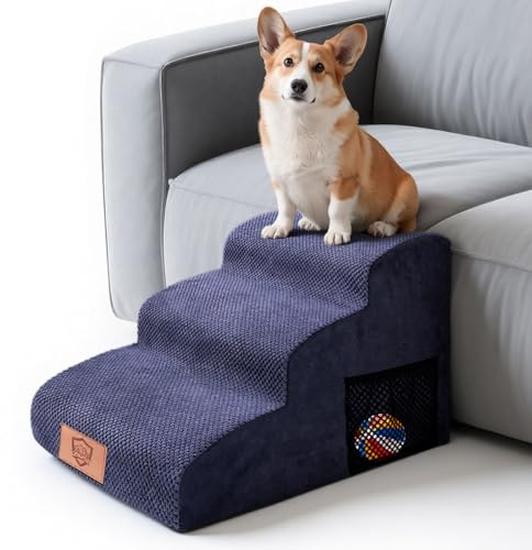 MASTERTOP Scale per Cani 3 Gradini, Scalini Antiscivolo per Gatti e Cani per Divano e Letto, Scaletta Schiuma Alta Densità, Copertura Impermeabile Lavabile (Blu Navy)